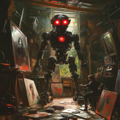 Menacing Robot in Art Studio