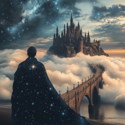 Man in Dark Cloak Covered in Stars Looking at Cloud Palace