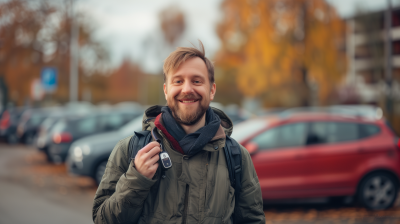 Happy Man with Car Keys in Parking Lot