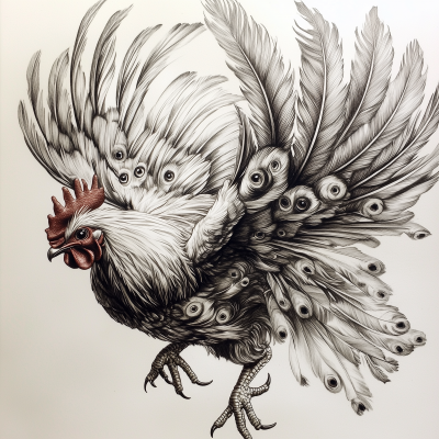 Rooster in Flight with Eyes on Feathers