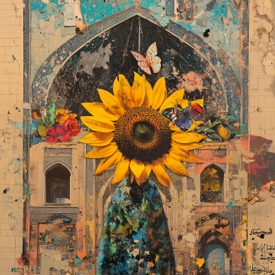 Vintage Collage Design with Character and Sunflower Head