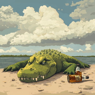 Sad Crocodile with Whisky on Beach