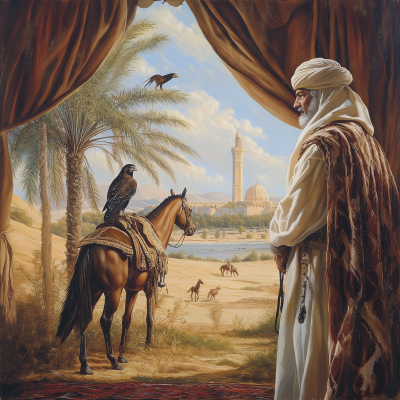 Arab Sheikh in Oasis with Falcon