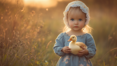 Little Girl with Duck in Antique Overalls