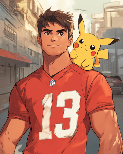 Anime Style Football Player and Pikachu