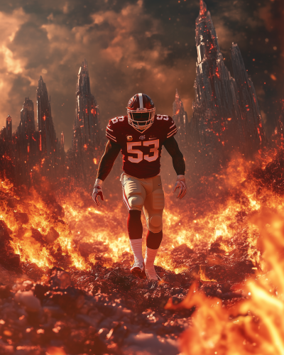 Football player surrounded by flames on an icy planet