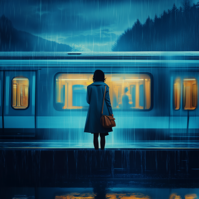 Woman Watching Train on Rainy Day