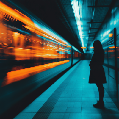 Lonely Woman Watching Moving Train at Platform