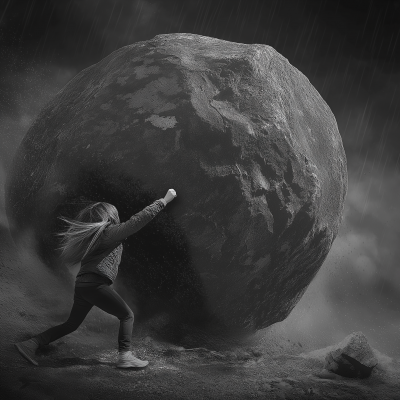 Girl Pushing Giant Rock