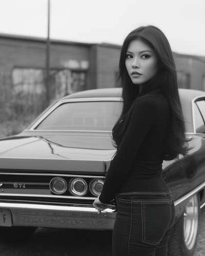 Asian Woman leaning against vintage car