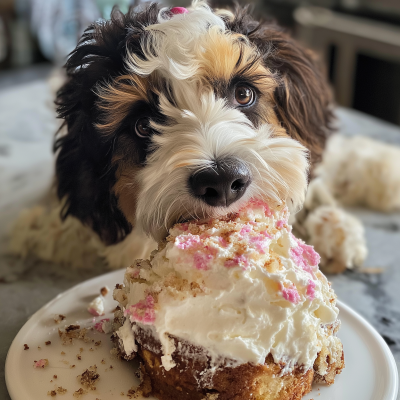 Bernedoodle Enjoying Cake