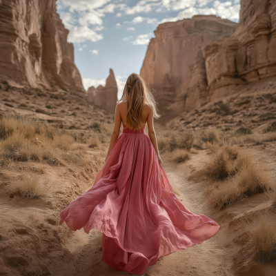 Woman in Pink Dress Hiking in Desert