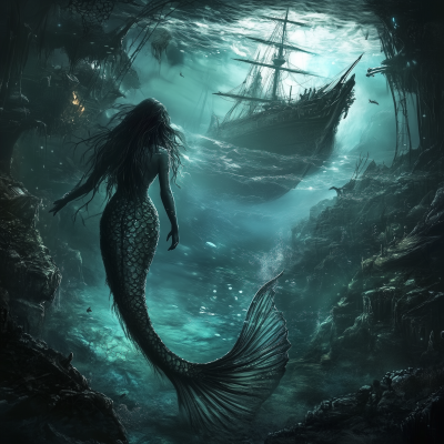 Angry Mermaid Watching Ship from Underwater