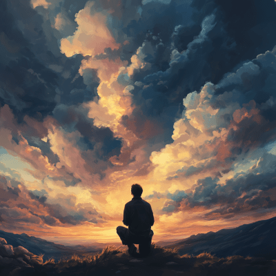 Man Kneeling and Praying at Dusk