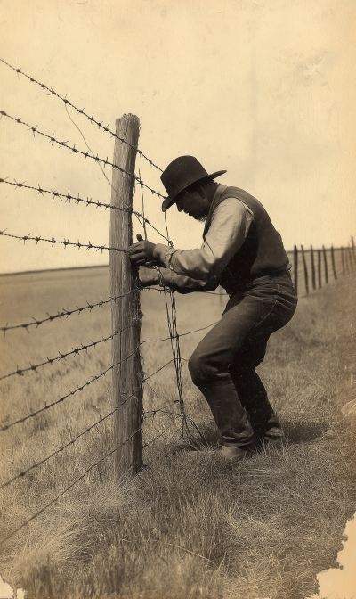 Vintage Rancher Repairing Barbed Wire Fence