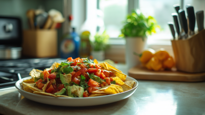 Plate of nachos in a bright kitchen