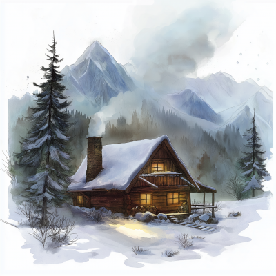 Winter Cottage in Watercolor Style