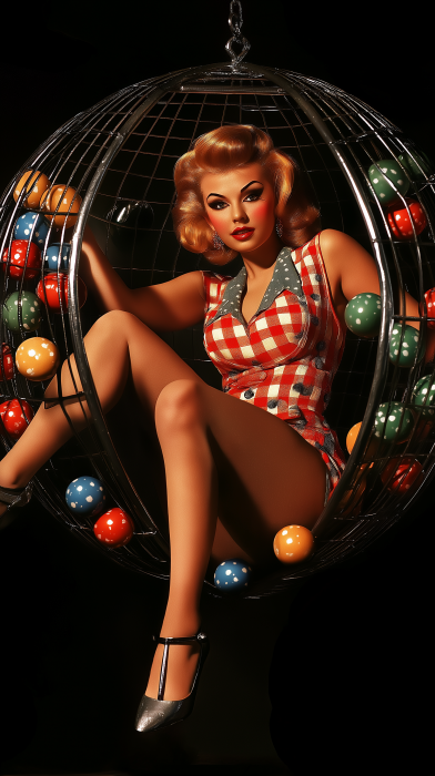 Vintage Pin-Up Model in Bingo Cage