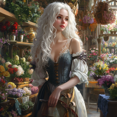 Elven Woman in Renaissance Floral Shop