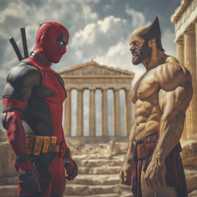 Greek God Deadpool and Wolverine Statues in Athens