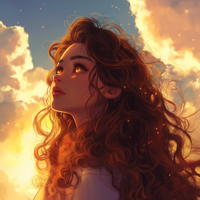 Girl with long curly hair looking at vibrant sky