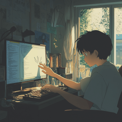 High School Student Coding in Miyazaki Style