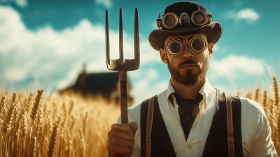 Steampunk Farmer in Front of Steampunk Farm