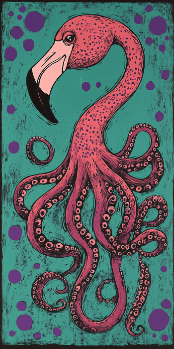 Flamingo Octopus Linocut Print