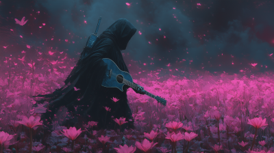 Man in Hood with Guitar in Lily Field