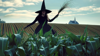 Witch Flying Over Cornfield