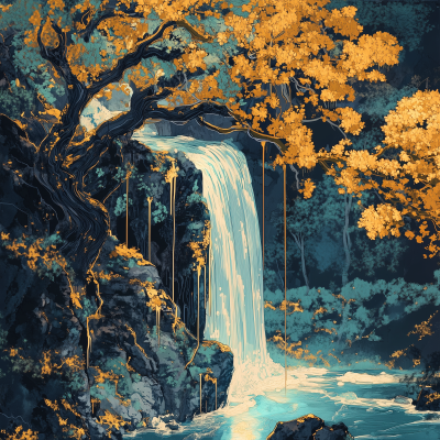 Japanese Waterfall Forest Illustration