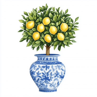 Hand Drawn Watercolor Vase with Lemon Topiary Tree