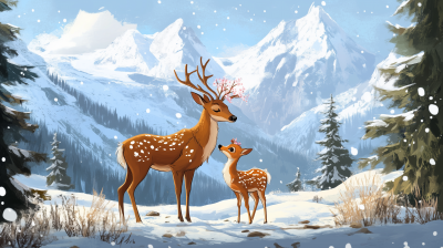 Deer Family Conversation in Snowy Mountains