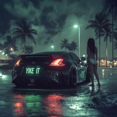 Nighttime Beach Attire Scene with Car