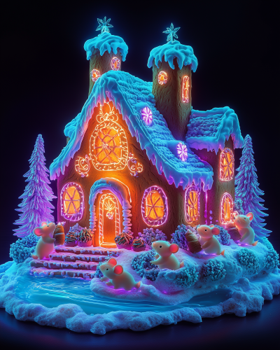 Neon Gradient Gingerbread House Illustration