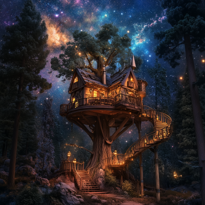 Enchanted Steampunk Tree House in Fantasy Forest