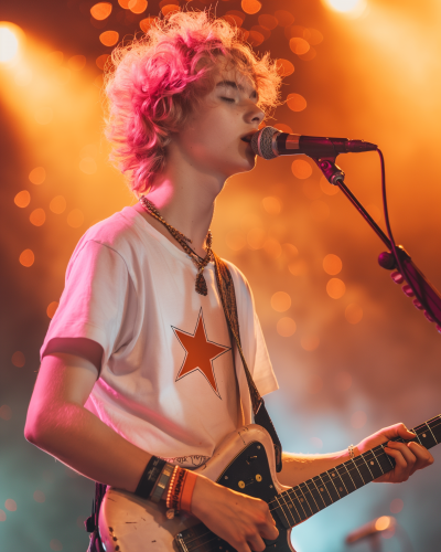 Teenage boy with pink curly hair