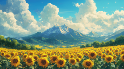 Sunflower Field and Mountain in Ghibli Style