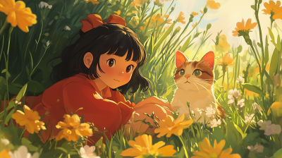 Ghibli Style Big Cute Girl and Cat at Flower Farm