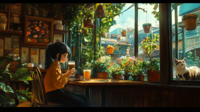 Girl at Cafe in Ghibli Style