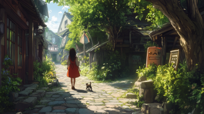 Girl walking in Ghibli-style town