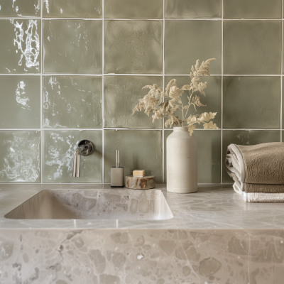 Marble Bathroom Sink and Green Tiles