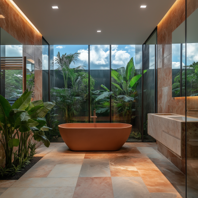 Modern Master Bathroom with Blue Skies Beyond