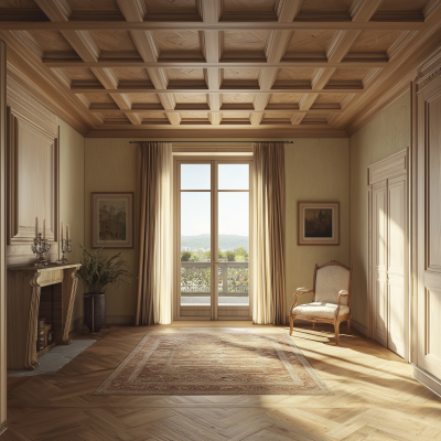 Frontal view of a room with wooden coffered ceiling in Italian 1700 style