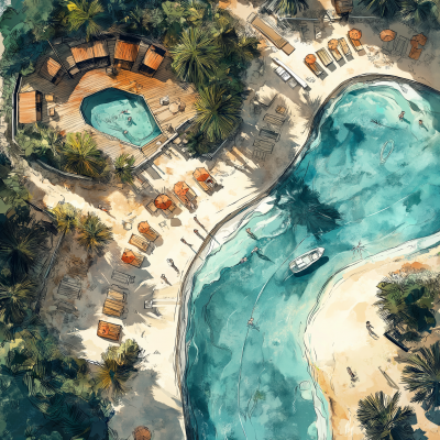 Aerial Panoramic View of a Modern Beach Club