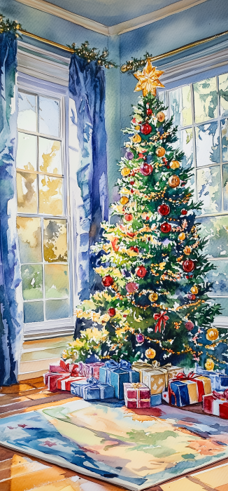 Christmas Morning Watercolor Scene