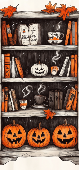 Halloween Bookshelf with Pumpkins