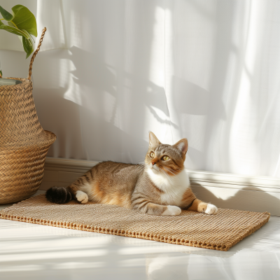 Bright White Home Interior with Cat Scratching Board