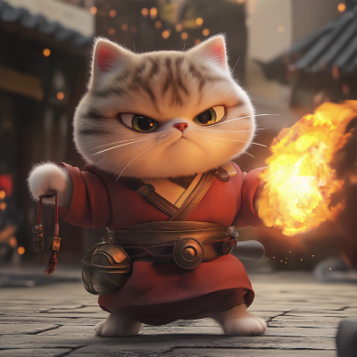 Funny Cartoon Cat Warrior with Fire Power