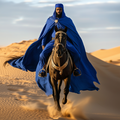 Highly Realistic Photo of Malian King Riding Horse in Desert